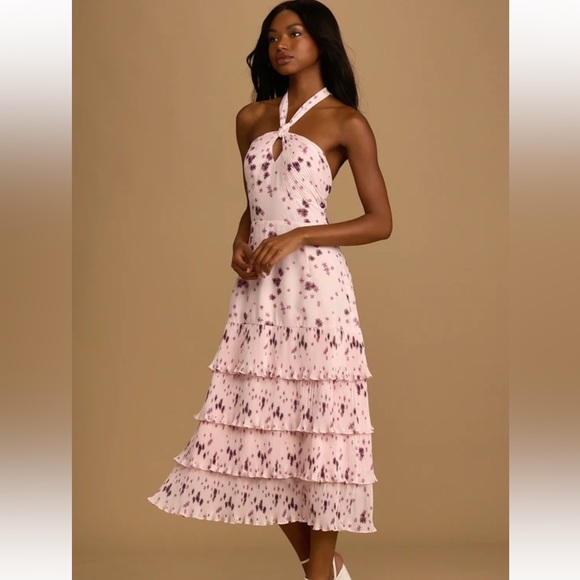 NWT Lulus Fated For Love Pink Floral Pleated Halter Midi Dress Size M - Picture 2 of 11